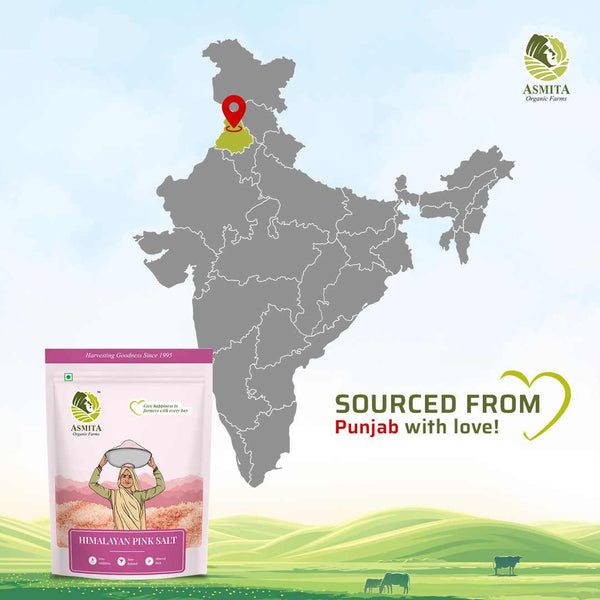 A map of India highlighting Punjab as the source of Himalayan Pink Salt, with the product pouch displayed.
