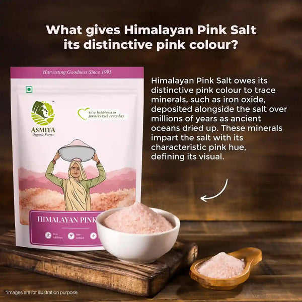 A display showing Himalayan Pink Salt's pink hue, along with a pouch and a serving bowl of the salt.