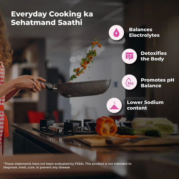 A Himalayan Pink Salt graphic highlighting its health benefits for cooking, such as balancing electrolytes and promoting pH balance.