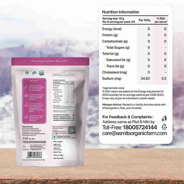 The back of the Himalayan Pink Salt pouch displaying its nutritional content and product details.