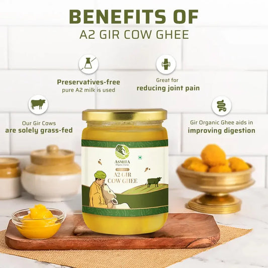 A jar of Asmita A2 Gir Cow Ghee with benefits like preservative-free, joint pain relief, and digestion aid, set in a rustic kitchen.