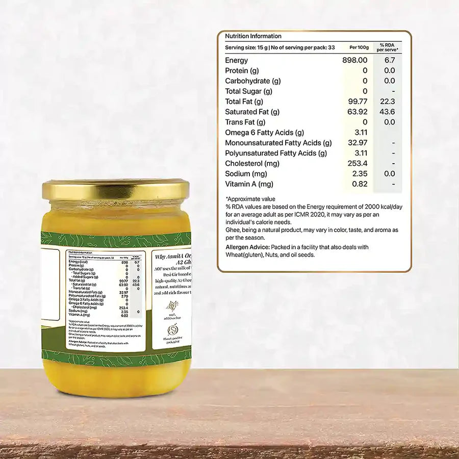 A jar of A2 Gir Cow Ghee with detailed nutritional information, showcasing its health benefits and allergen advice.