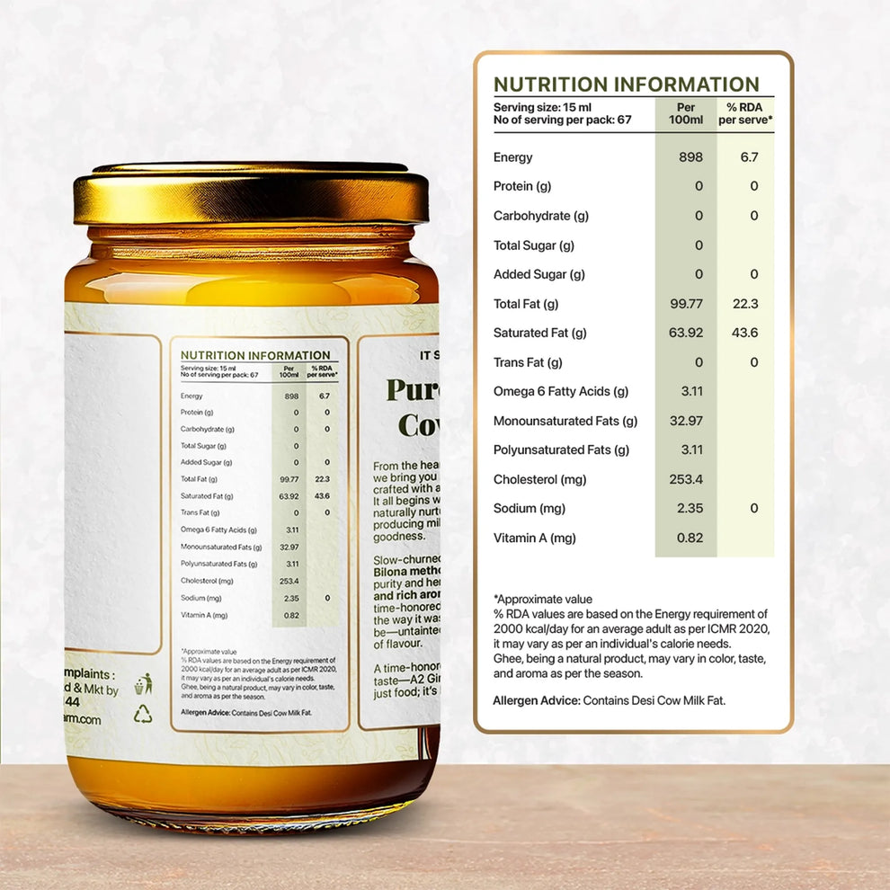 AsmitA Organic Farm  Gir Cow Ghee  nutrition label on a white background 