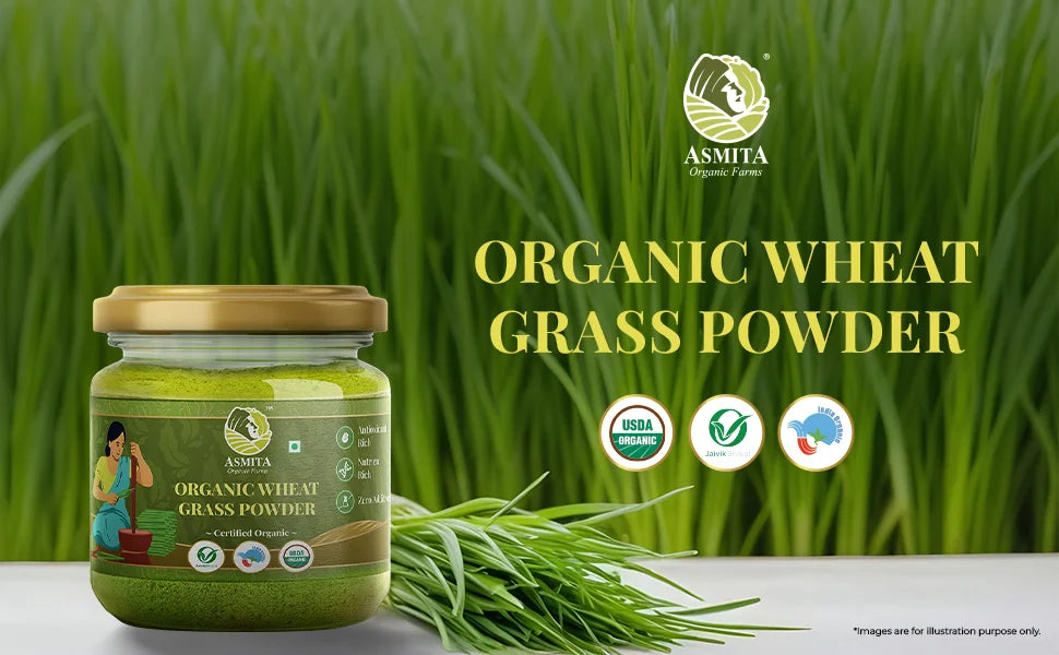 An image showcasing organic wheatgrass powder alongside fresh wheatgrass, highlighting certifications like USDA Organic and India Organic for authenticity and quality.