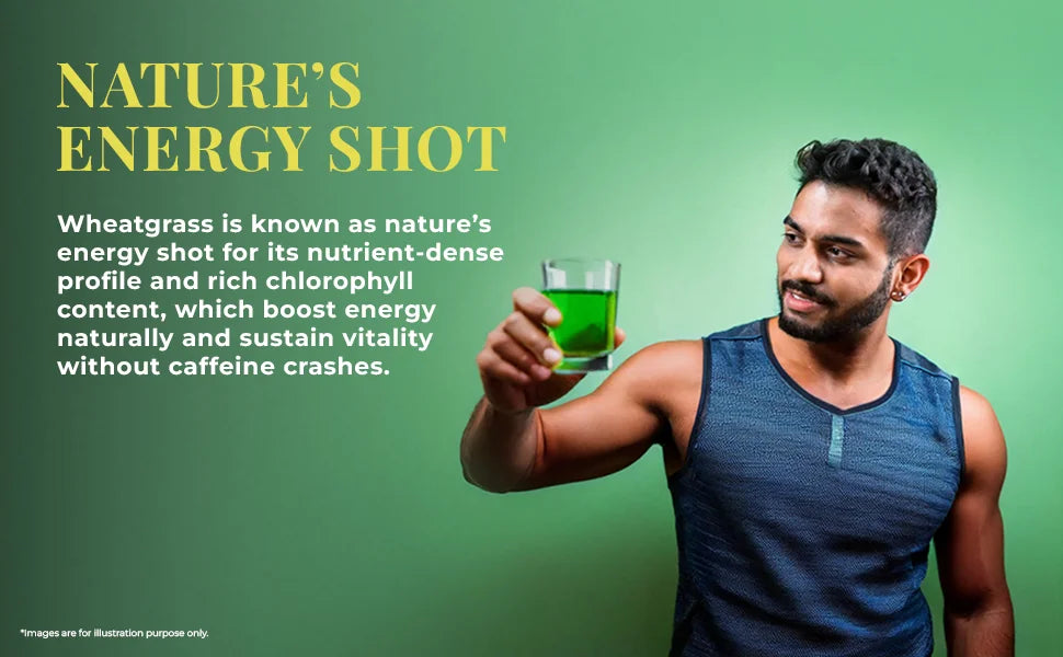 A health enthusiast enjoying a green drink, with content showcasing wheatgrass as nature's ultimate energy booster.