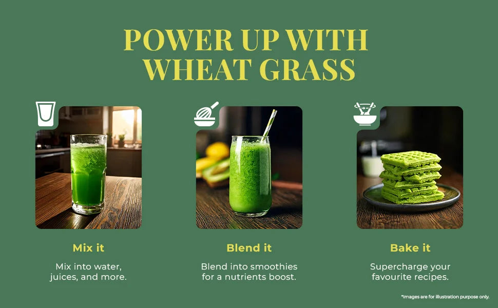 An image featuring a green drink, smoothie, and waffle, demonstrating versatile ways to enjoy wheatgrass powder.