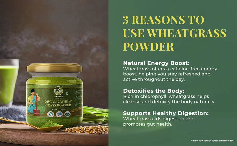 A jar of wheatgrass powder accompanied by a teaspoon filled with the powder, paired with compelling content highlighting the key benefits of incorporating wheatgrass powder into your routine.