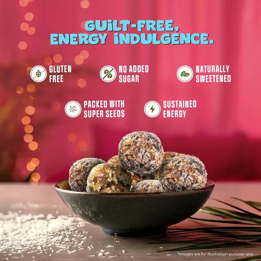 Assorted Energy Bites in a bowl with highlights: gluten-free, no added sugar, packed with super seeds, and sustained energy.