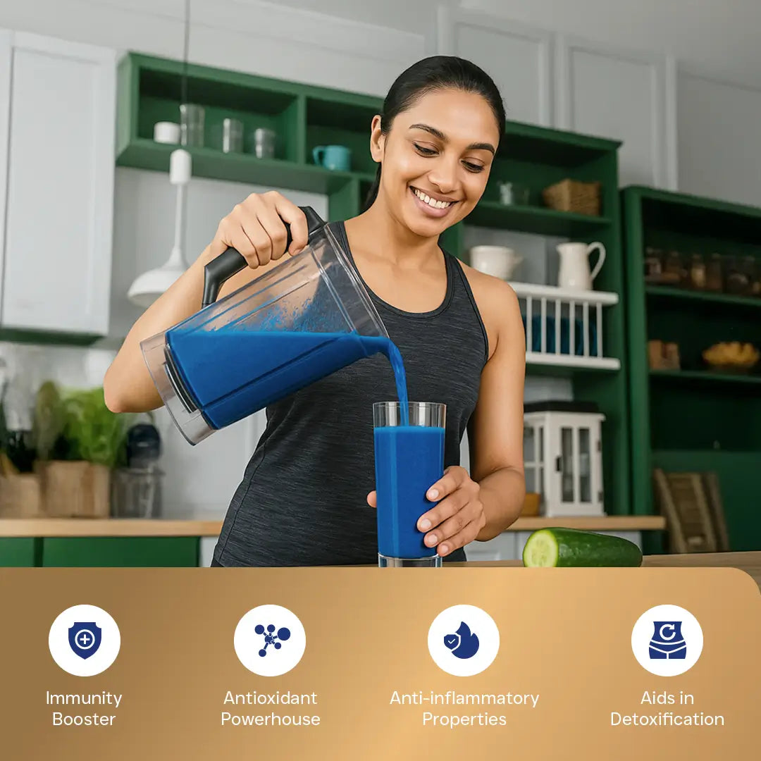 blue spirulina detox shake, highlighting immunity-boosting and anti-inflammatory benefits