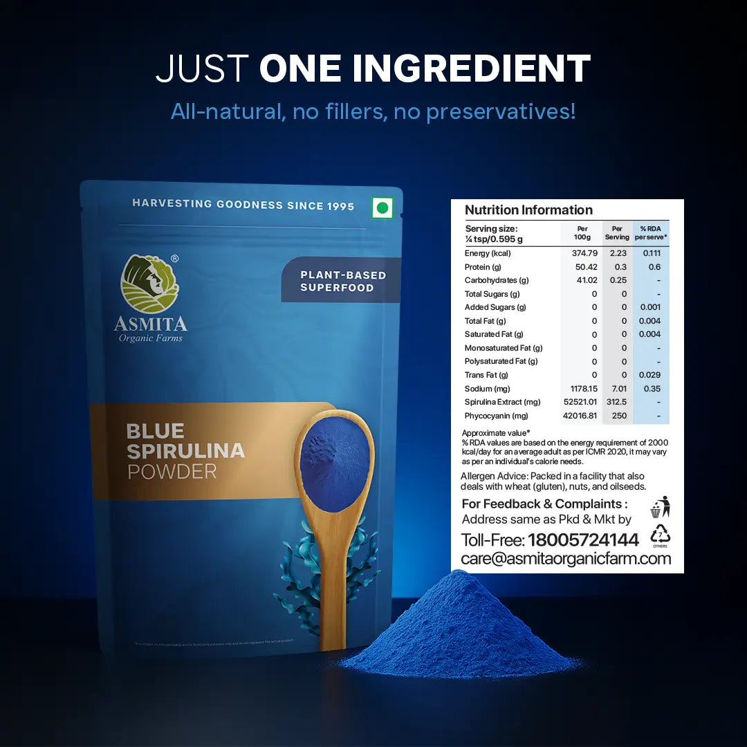 Nutrition facts for Blue Spirulina Powder 100% plant-based ingredients