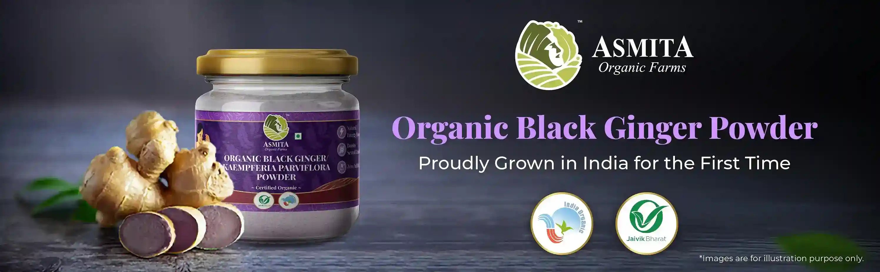 Jar of Organic Black Ginger Powder with certifications displayed, highlighting it as proudly grown in India for the first time.