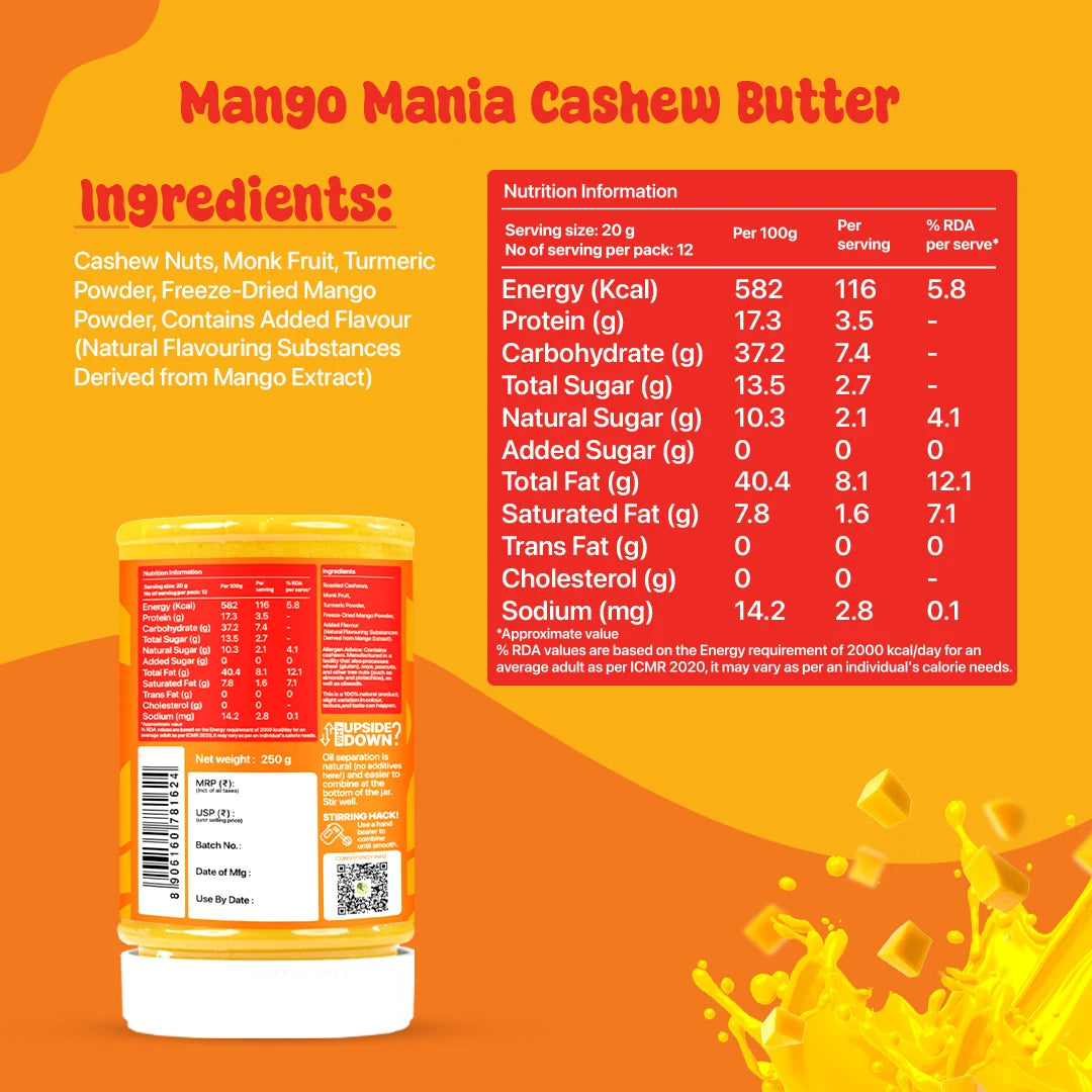 cashew nut butter nutrition: 43g protein, zero added sugar, trans-fat free