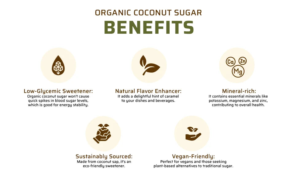 Benefits of organic coconut sugar: Low glycemic, natural flavor enhancer, mineral-rich, sustainably sourced, and vegan-friendly.