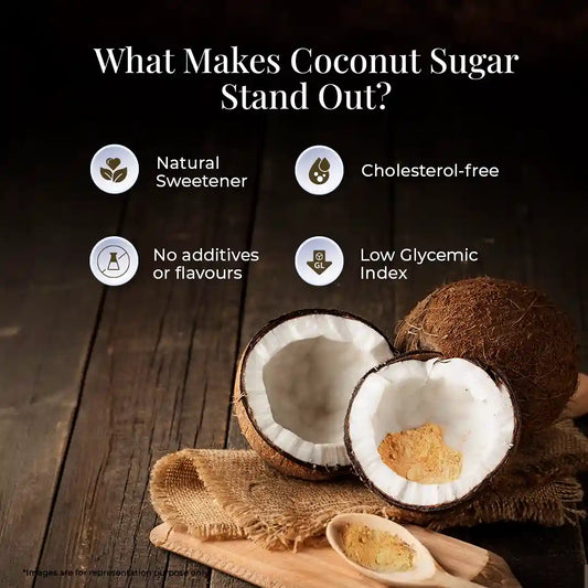 Key benefits of coconut sugar displayed alongside coconuts, emphasizing natural sweetness, cholesterol-free, no additives, and low glycemic index.