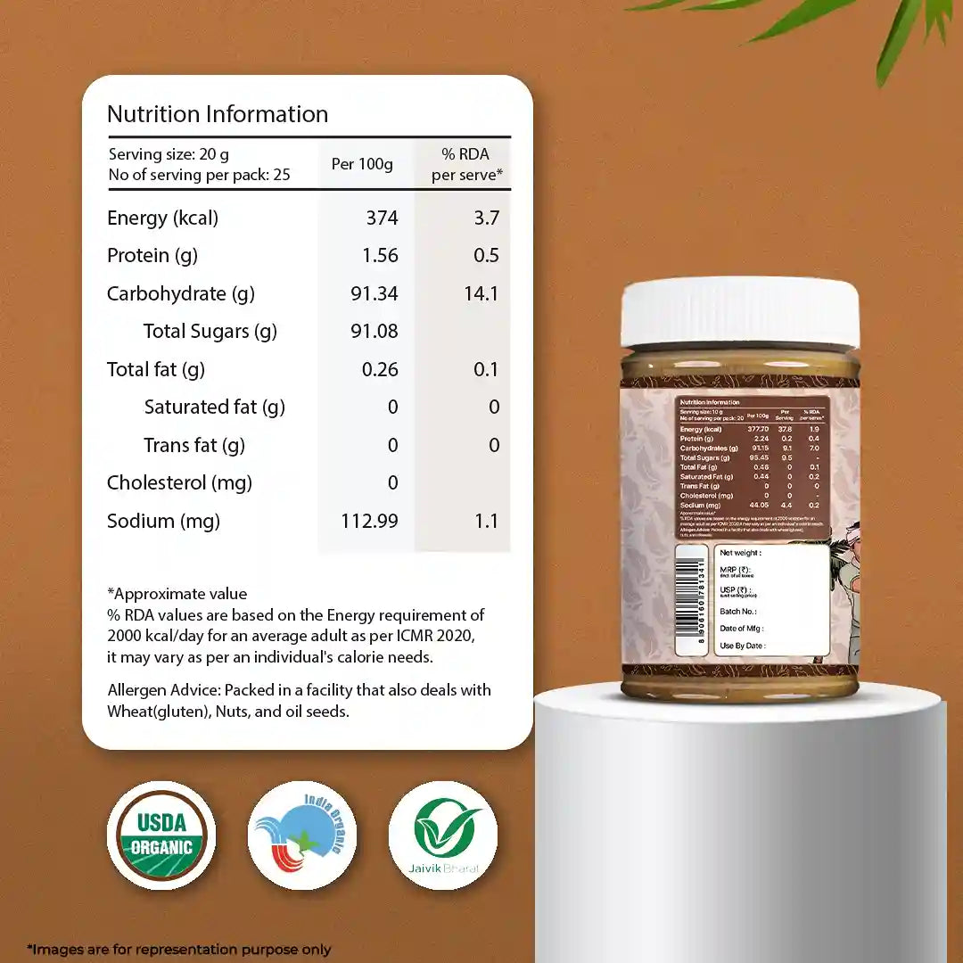 Nutrition information of Asmita Organic Coconut Sugar displayed alongside the product packaging.