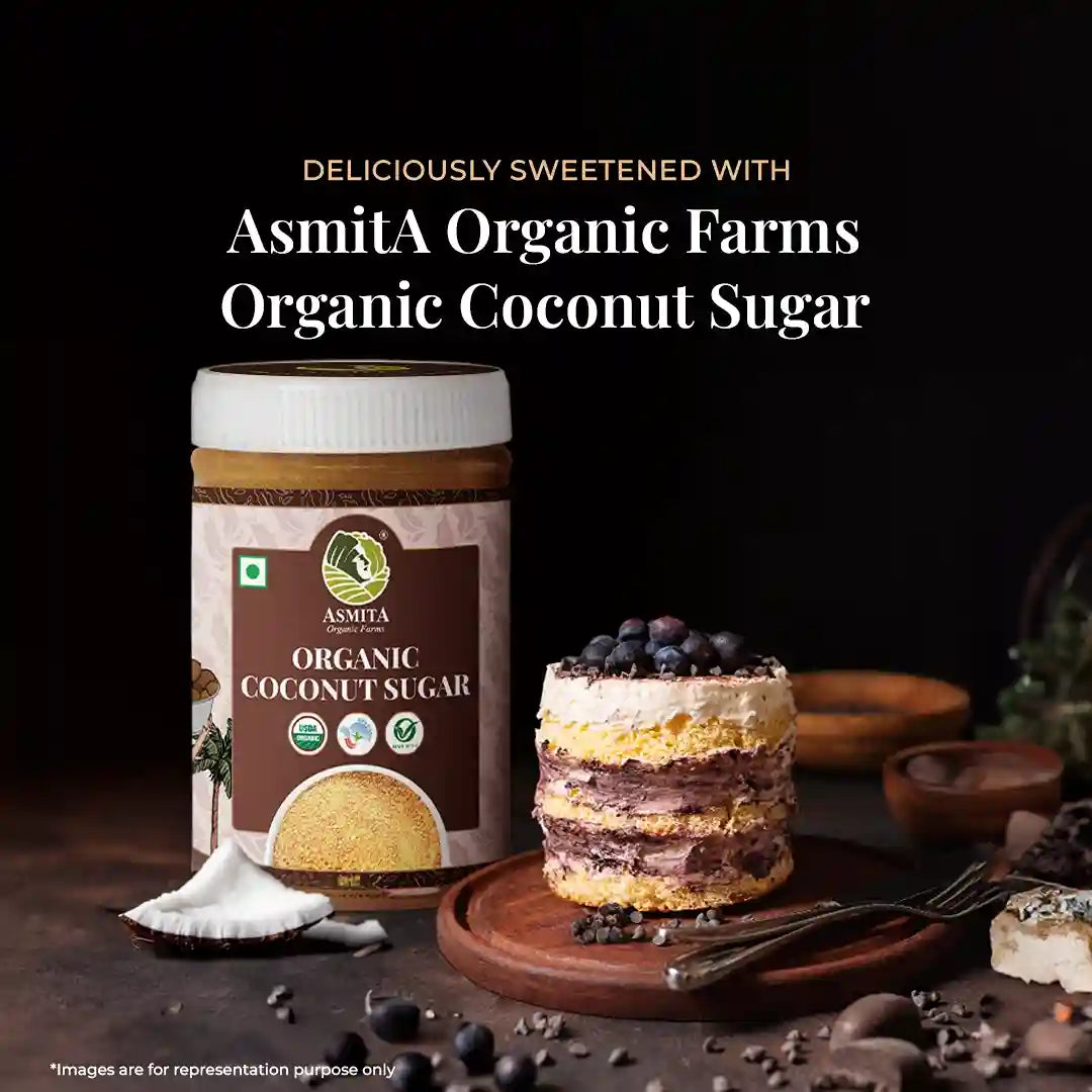 A delicious dessert garnished with coconut sugar, placed next to a jar of Asmita Organic Coconut Sugar, emphasizing its culinary versatility.