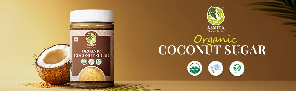 Focuses on the organic coconut sugar product in a natural setting, emphasizing its certifications.