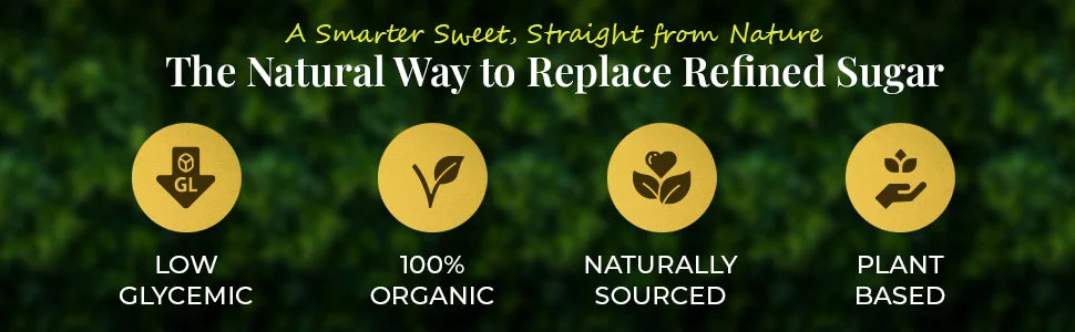 Highlights the benefits of organic coconut sugar, including low glycemic index, 100% organic, naturally sourced, and plant-based.