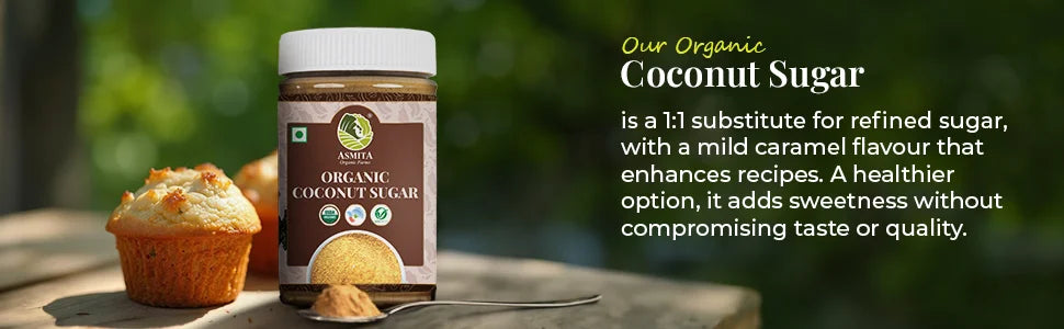 Displays coconut sugar as a 1:1 substitute for refined sugar with a mild caramel flavor that enhances recipes.