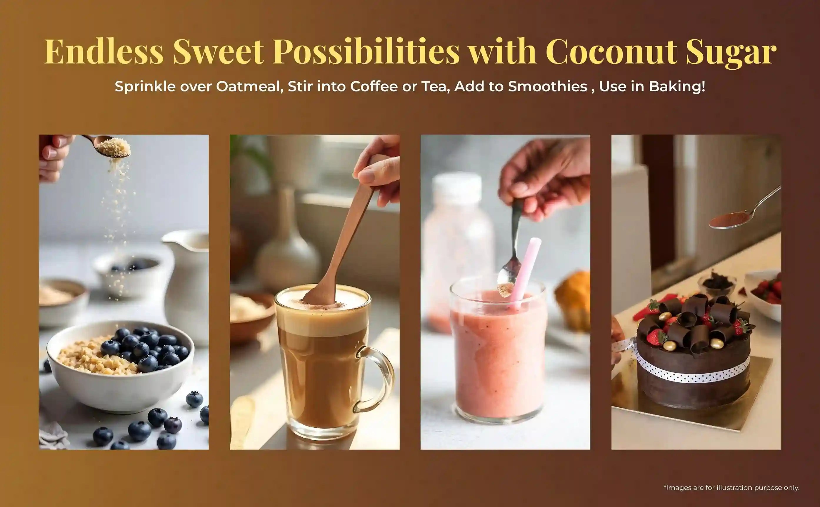 Showcases coconut sugar's versatility in oatmeal, coffee, smoothies, and baking.