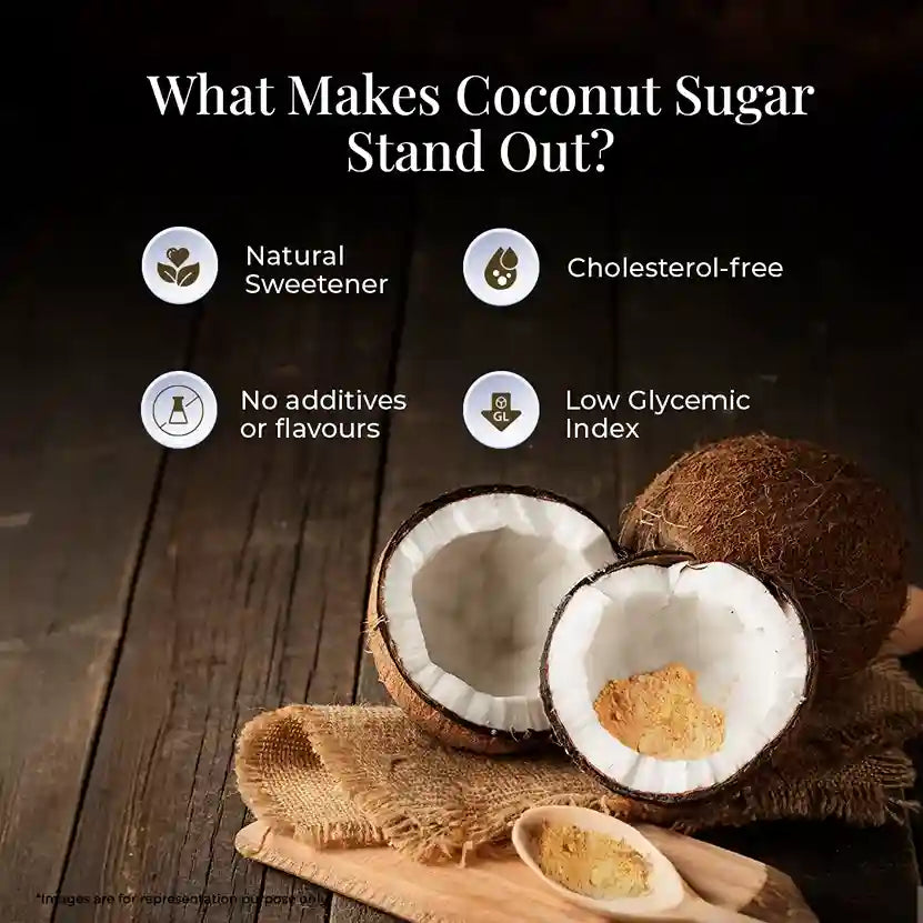 Highlights of coconut sugar benefits like natural sweetener, cholesterol-free, no additives, and low glycemic index, with coconuts and sugar in the background.