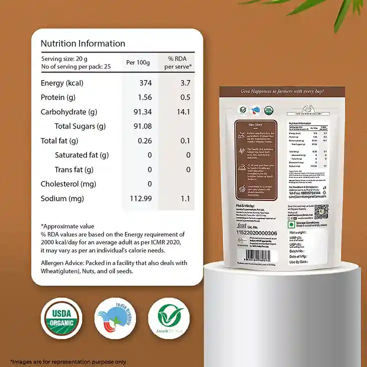  Nutrition facts of Asmita Organic Farms Organic Coconut Sugar on the packaging.