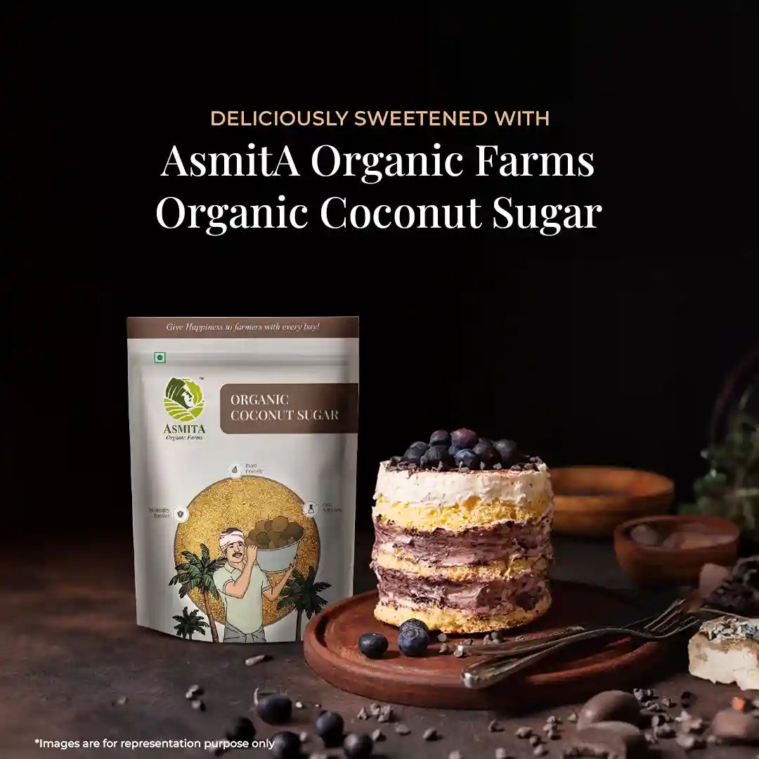 A dessert sweetened with Asmita Organic Farms Organic Coconut Sugar displayed next to the product pack.