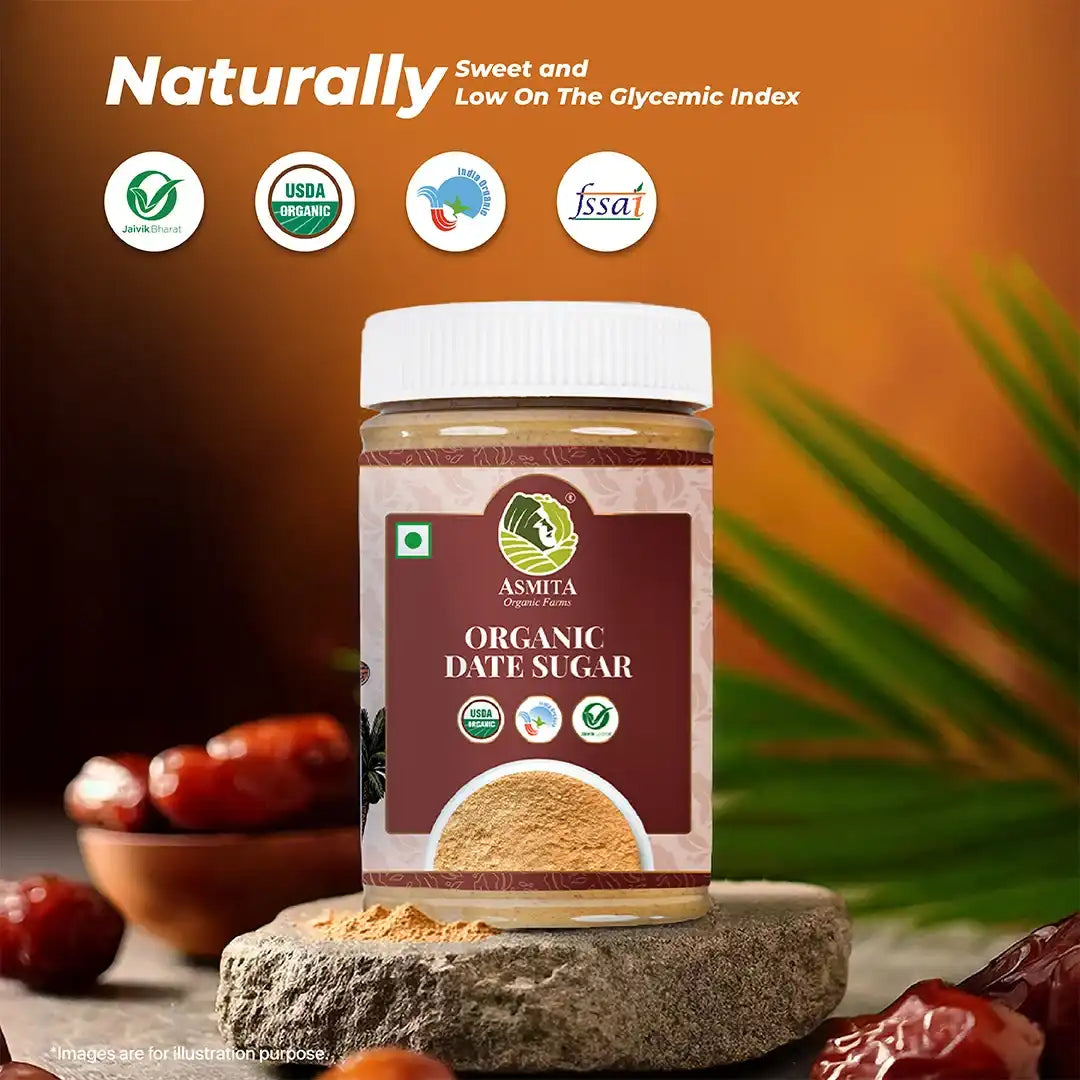 Asmita Organic Farms Date Sugar jar with certifications, surrounded by natural dates.