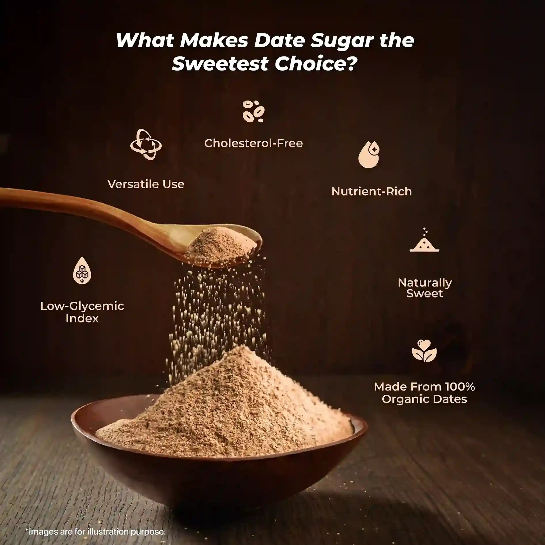 Date sugar in a wooden bowl with benefits such as nutrient-rich and low-glycemic index highlighted.