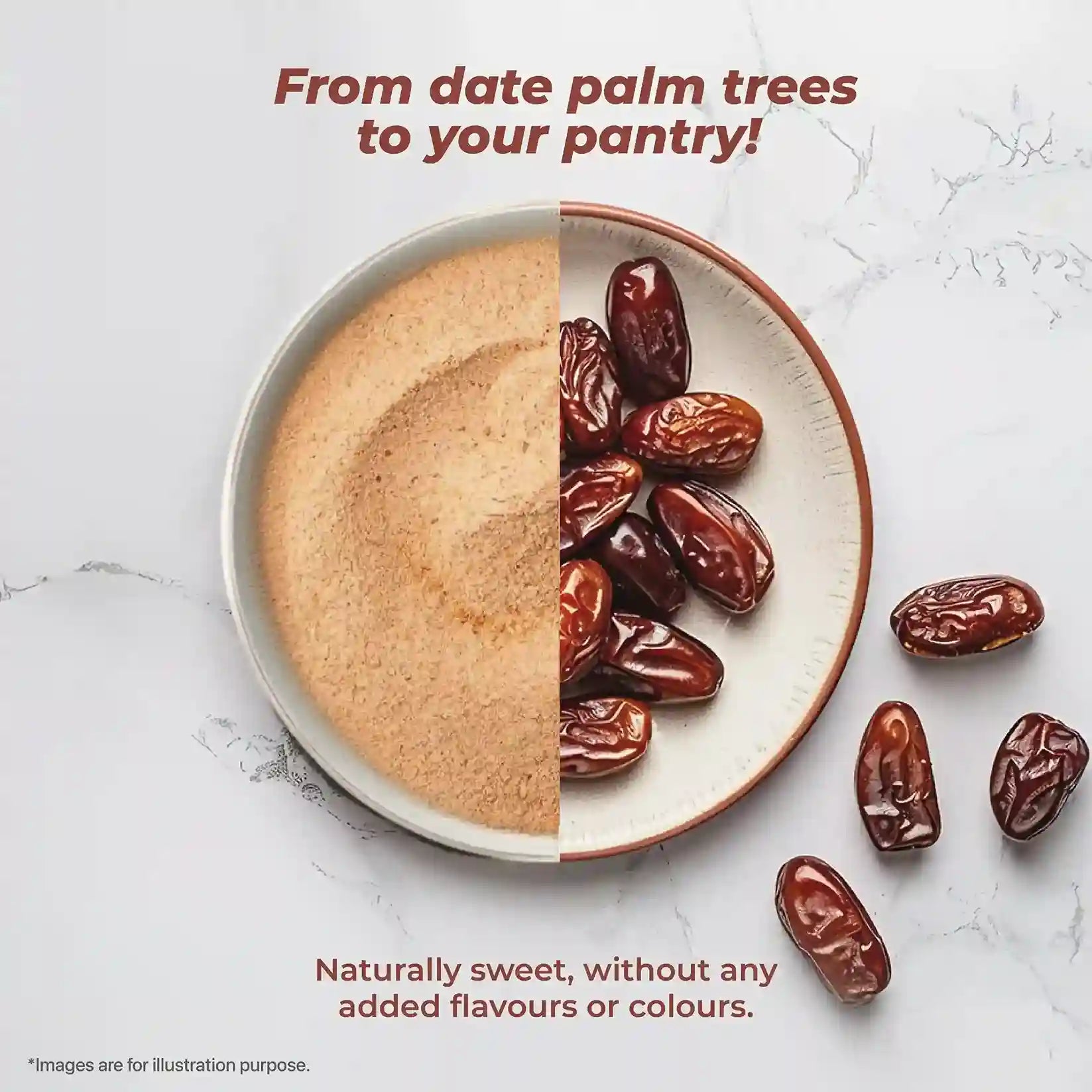 A bowl split with whole dates and date sugar powder showcasing its natural origin.