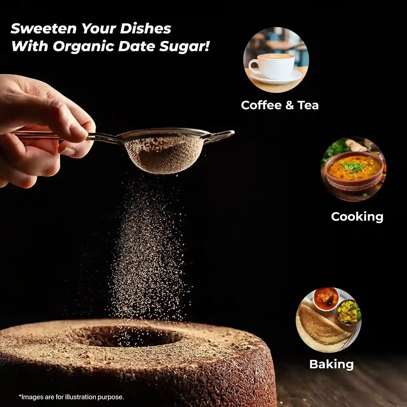 Pouring Asmita Date Sugar over a cake with versatility in coffee, tea, and baking shown.