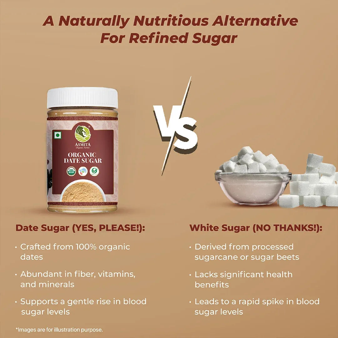 Comparison of organic date sugar and refined white sugar, highlighting natural benefits.