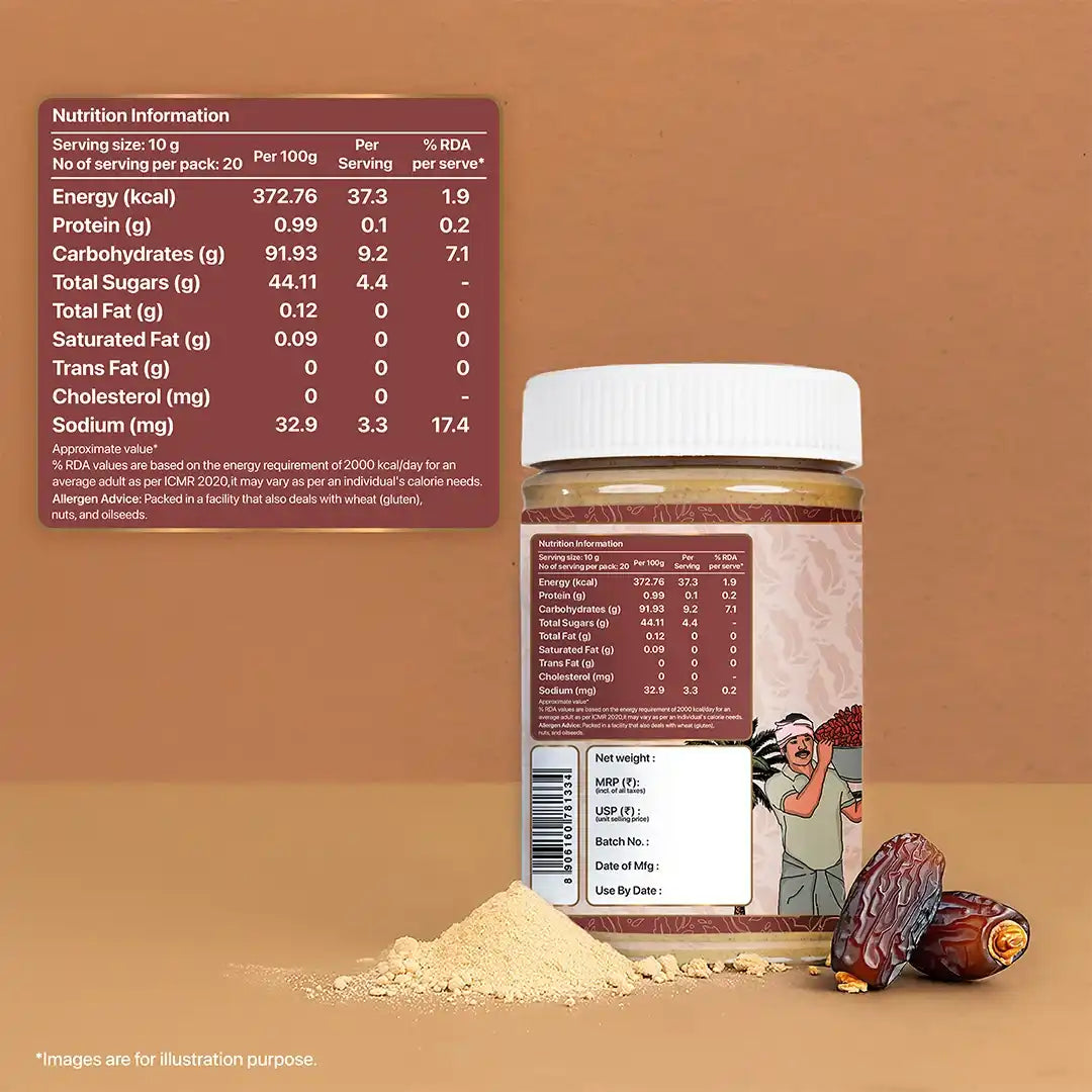 Back view of the organic date sugar Pet Jar package with nutritional information.