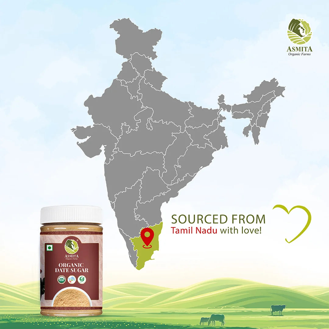 Map showing Tamil Nadu, the origin of Asmita Organic Farms Date Sugar jar.