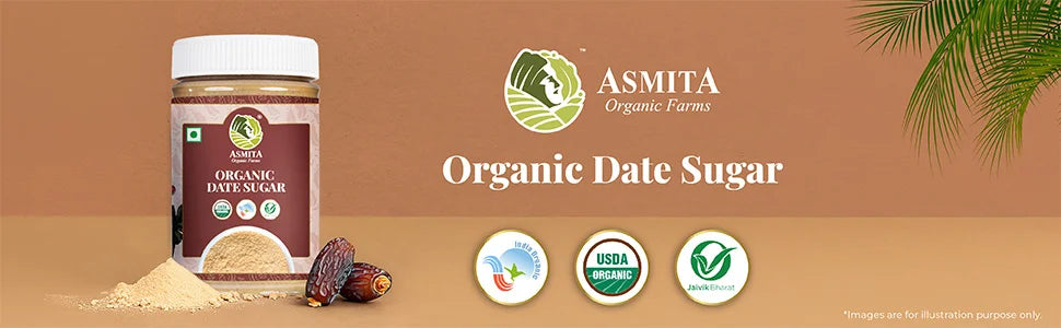 Organic date sugar jar with certifications displayed, set against a brown background.