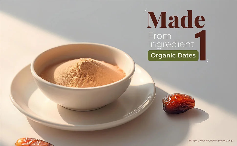 A bowl of organic date sugar and a whole date with text highlighting it is made from organic dates.