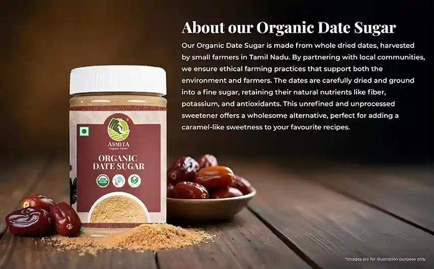 About Organic Date Sugar – Description of benefits and production process with the product jar and dates.