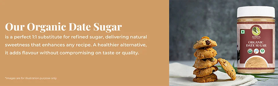 Organic date sugar jar with cookies, highlighting it as a 1:1 substitute for refined sugar.