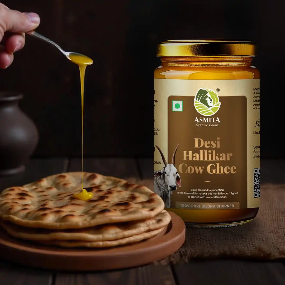 Pure Hallikar cow ghee being drizzled over fresh rotis