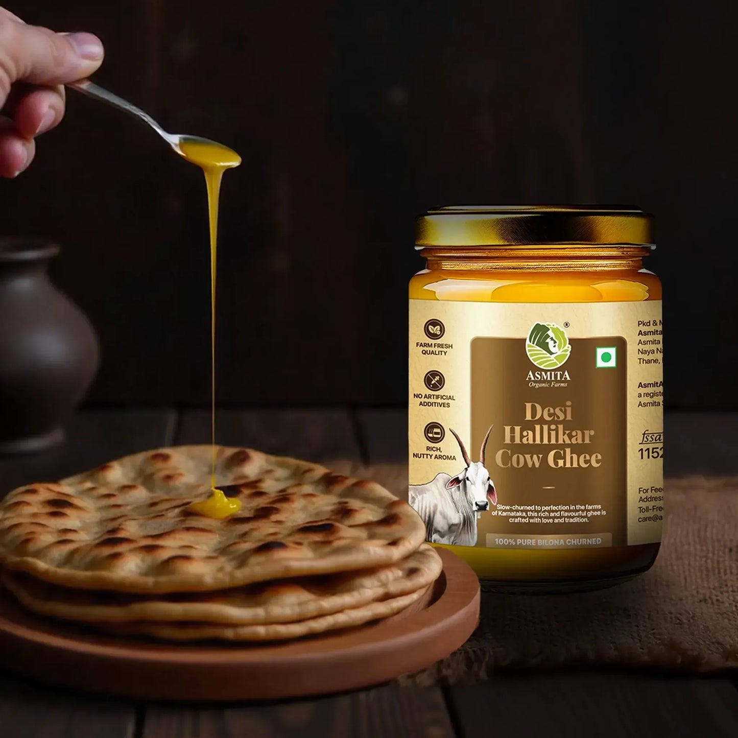 Desi Hallikar cow ghee jar with roti