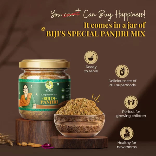 You can buy happiness!" - A jar of "Biji's Special Panjiri Mix" alongside a bowl of panjiri, highlighting features like being ready-to-serve, for new moms, and made with 20+ superfoods.