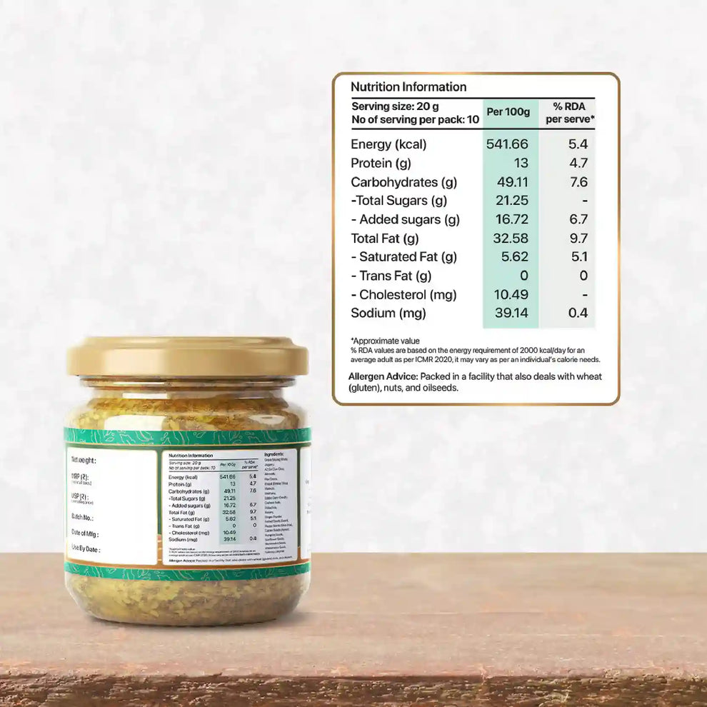 A jar of "Biji Di Panjiri" with its nutritional information displayed, emphasizing its high protein and fiber content, perfect for a healthy snack.