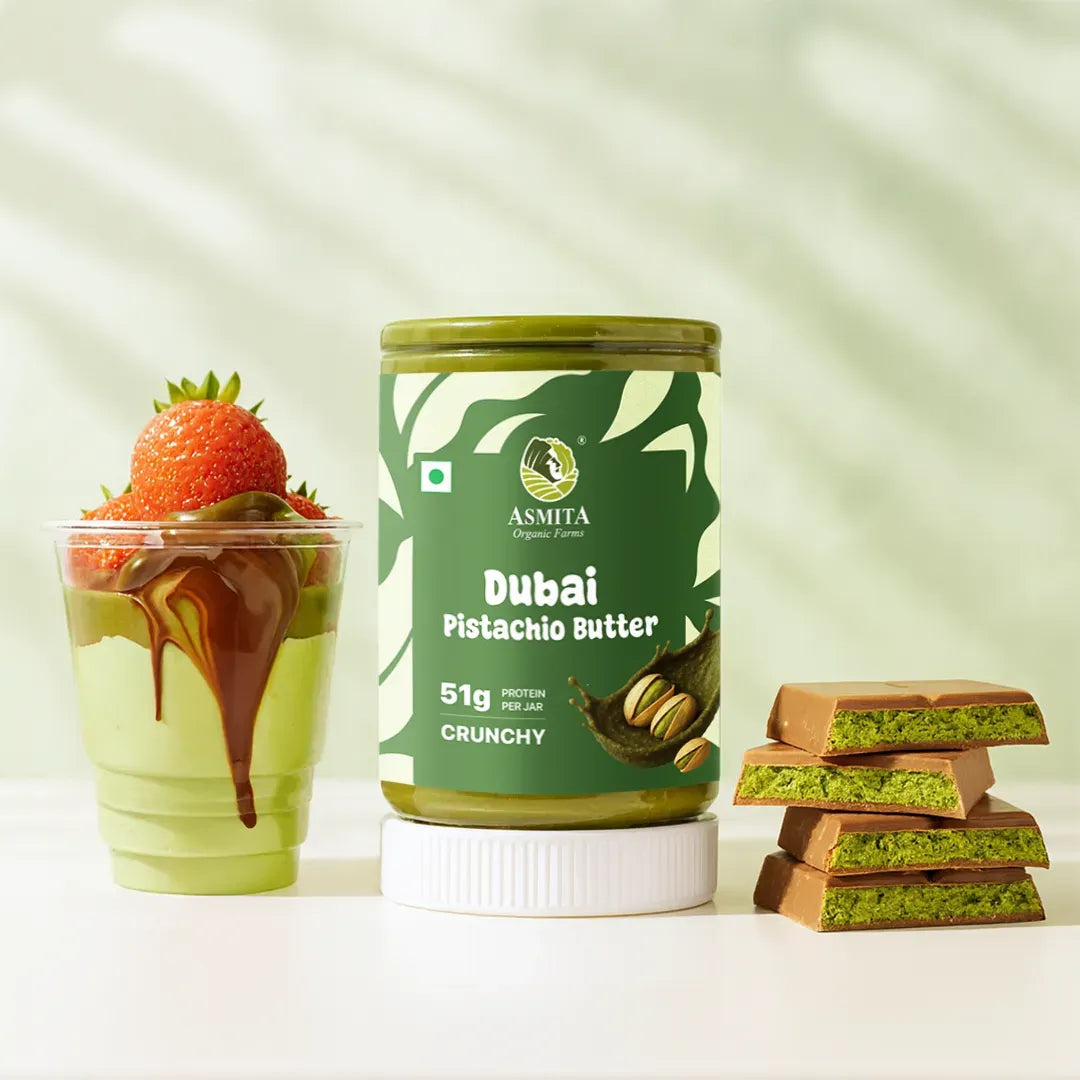 AsmitA Dubai Pistachio Butter with a dessert and chocolate bars