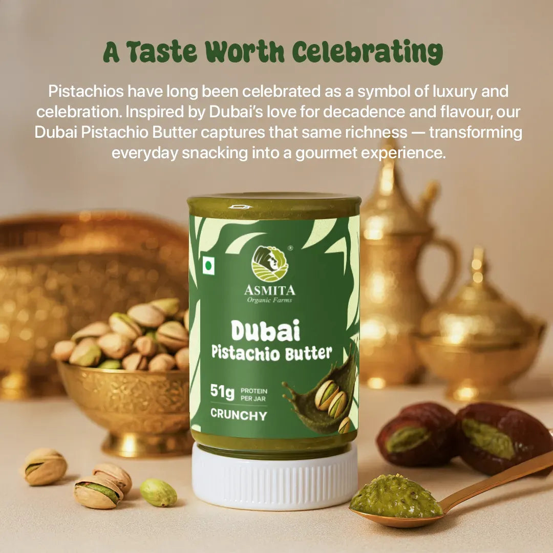 AsmitA Organic Farms Dubai Pistachio Butter jar with pistachios