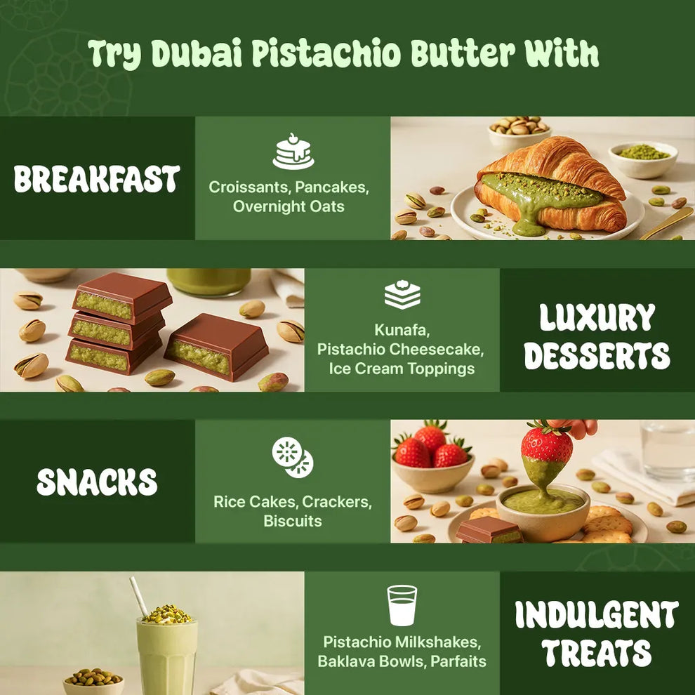 Dubai Pistachio Butter with various food items