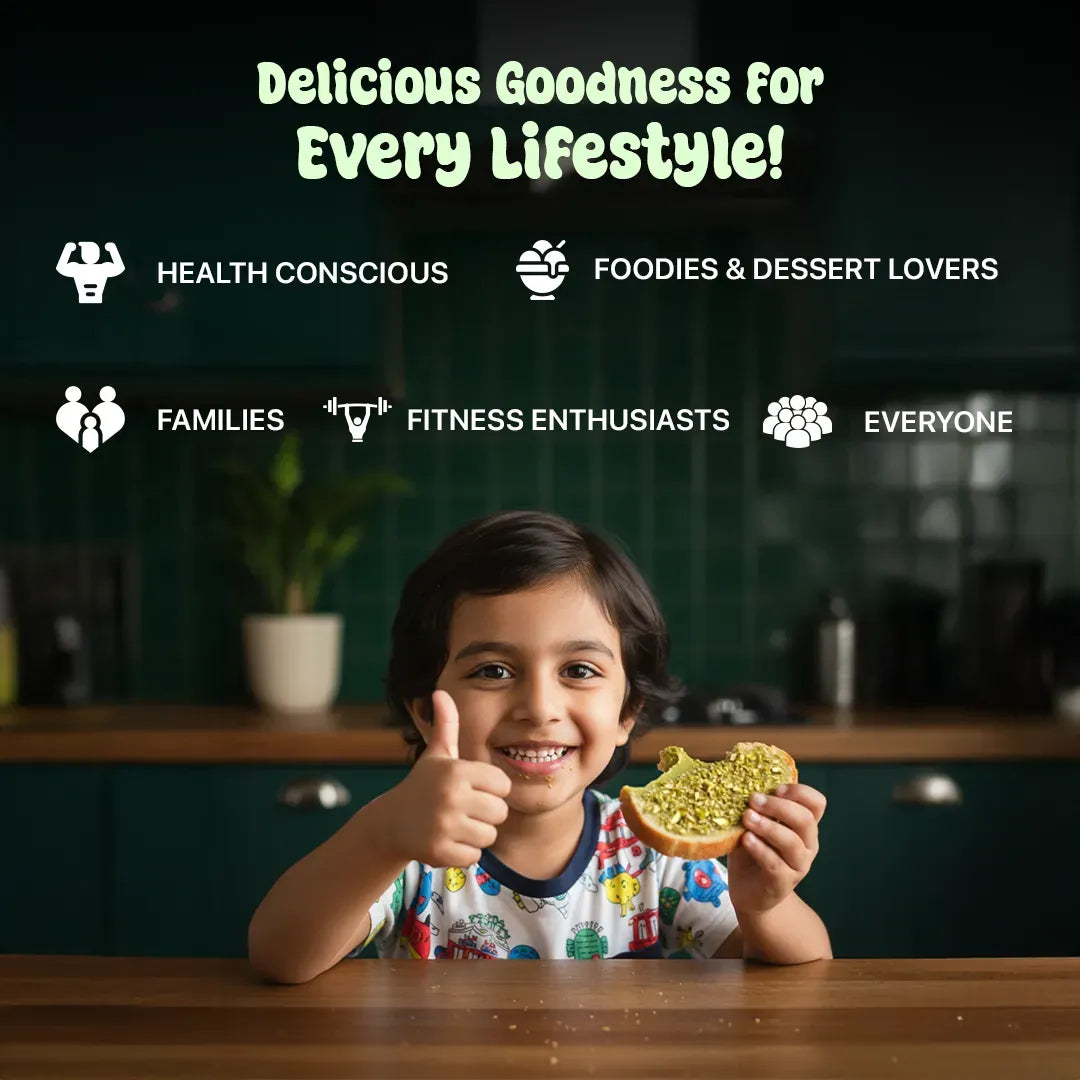 Child holding a piece of bread with spread, thumbs up, in a kitchen setting with text about different lifestyles.