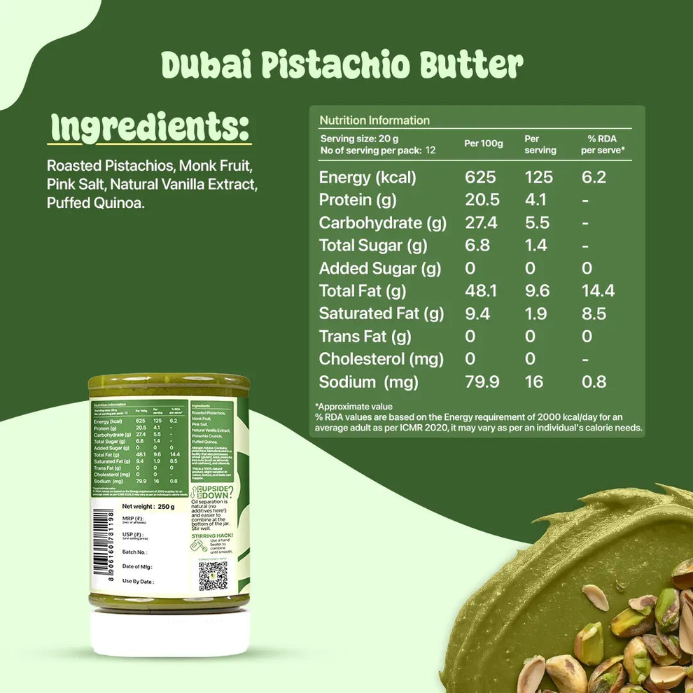 Dubai Pistachio Butter packaging with ingredients and nutrition information
