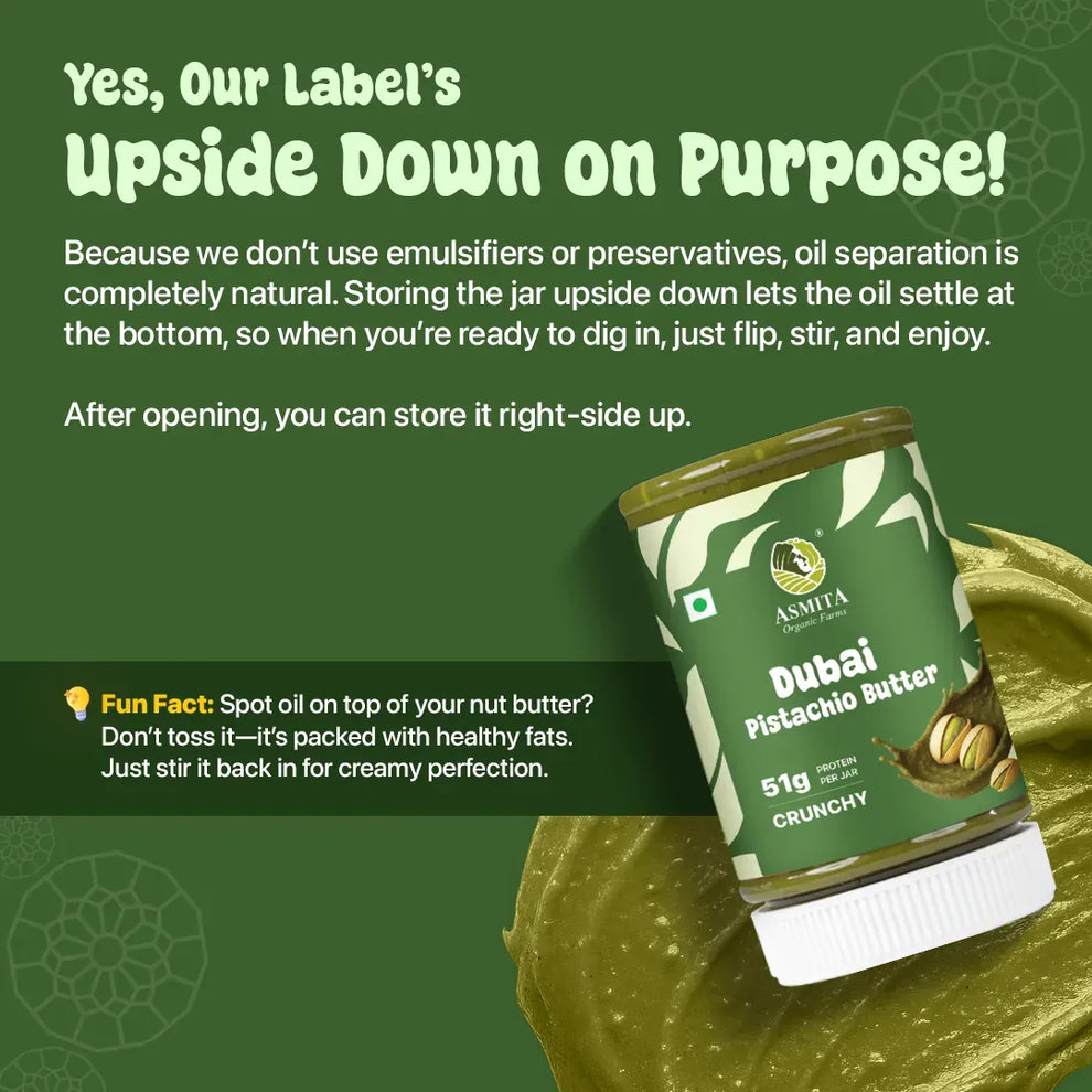 Pistachio butter jar with text explaining its unique storage method 