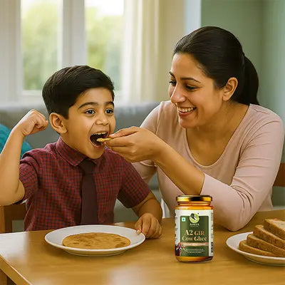 Woman feeding a child a cookie with a jar of honey on the table