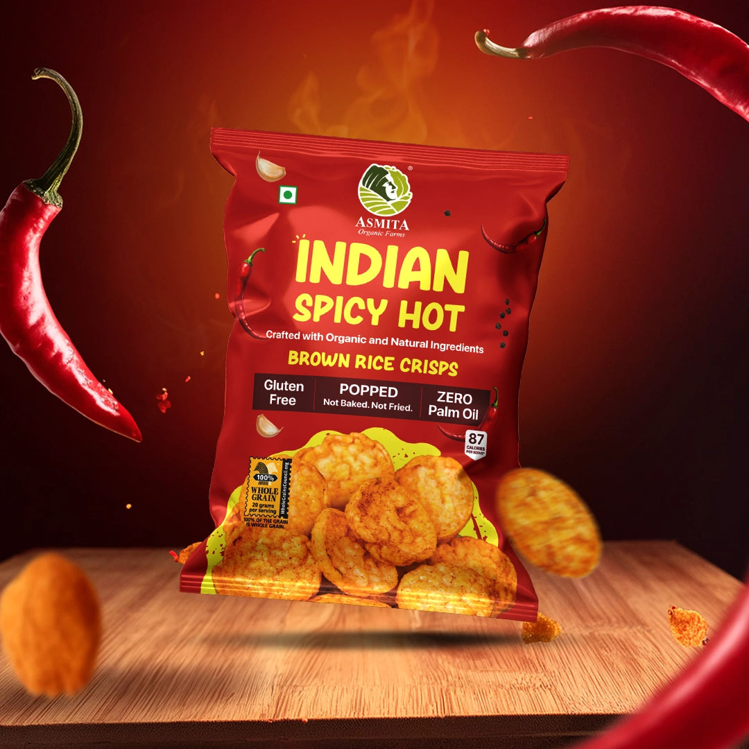 ASMITA Indian Spicy Hot Brown Rice Crisps; healthy popped crisp with zero palm oil.